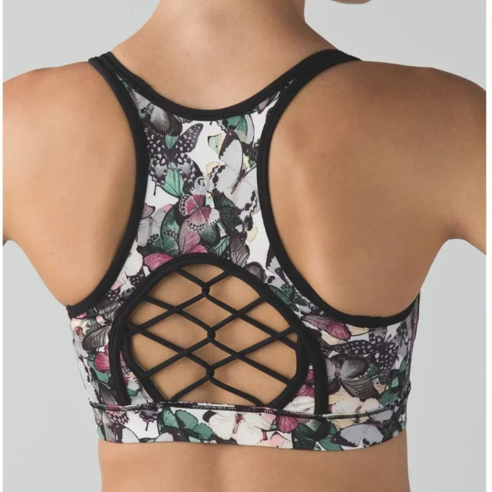 Lululemon Sweaty Or Not Bra II So Fly Butterfly Angel Wing Multi/Black 6